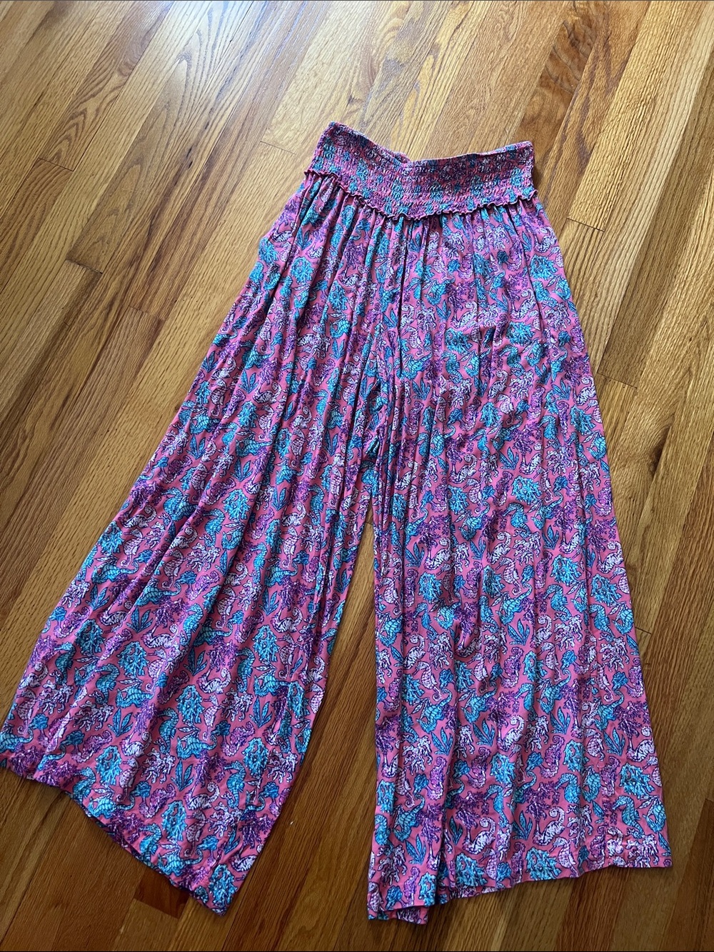 Simply Southern Pink Paisley Wide-Leg Palazzo Pants with Blue Accents
